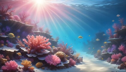 A beautiful underwater scene showcasing a colorful coral reef and swimming fish.