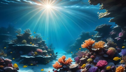 A stunning underwater scene of a vibrant coral reef teeming with life.