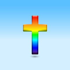 Obraz premium Front view of rainbow gradient cross on blue background — vector icon