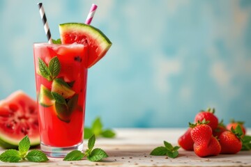 a refreshing glass of glowing watermelon juice with mint leaves, emphasizing hydration and natural appetite suppression.