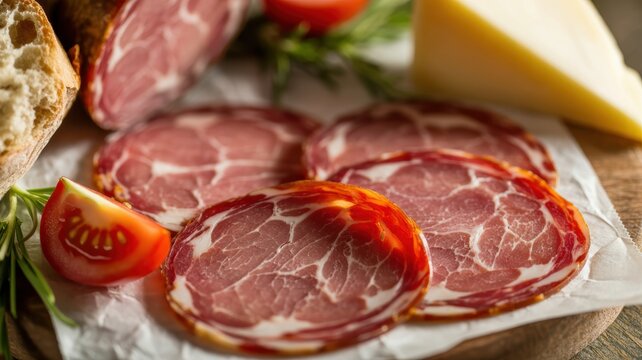 Sliced cured meat and cheese platter with cherry tomatoes and bread on wooden board