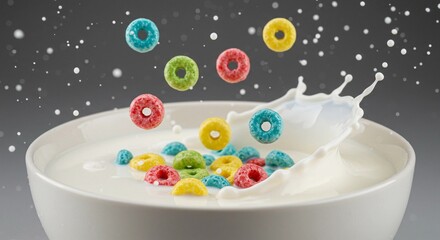 A bowl of cereal floating with milk splash and colorful rings