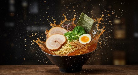 A bowl of ramen exploding into the air with flying noodles and toppings