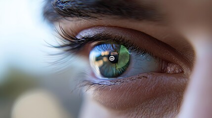 Close-up view of a person's eye with a colorful reflection.