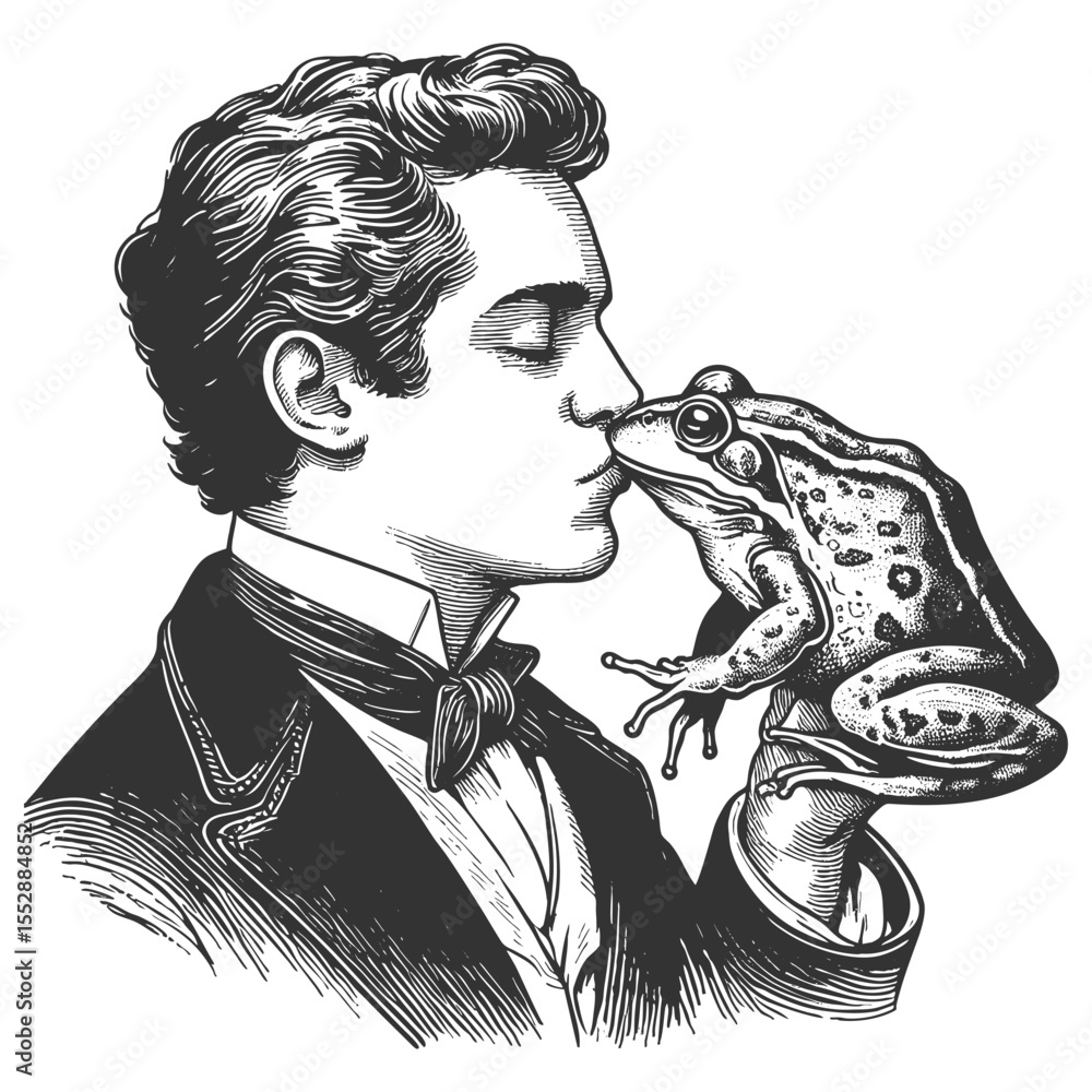 Poster man in formal attire kissing a frog, referencing the classic fairy tale transformation myth sketch e