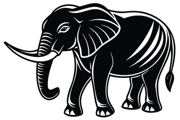Fototapeta premium Black and white stylized elephant with tusks is standing with its trunk curved down