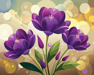 Purple flowers in soft natural light with blurred background vector art design 