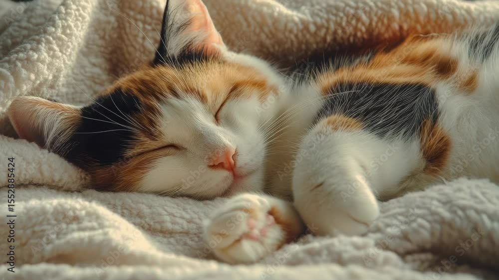 Poster A calico cat is sleeping on a soft blanket
