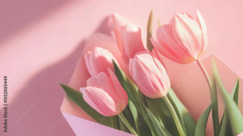 Poster fresh pink tulips stored in a paper bag, ready for use or arrangement