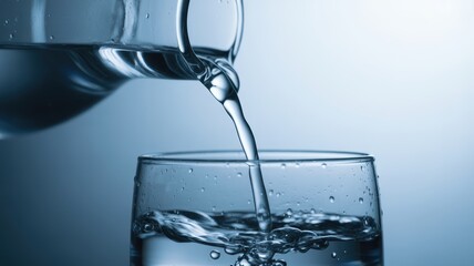 Clear water pouring from glass pitcher into glass in soft blue light