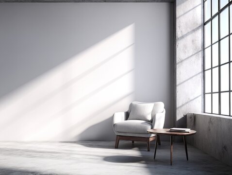 Sunlit minimalist room with a light-grey armchair, small round side table, and expansive window.  Concrete floor and wall add industrial texture