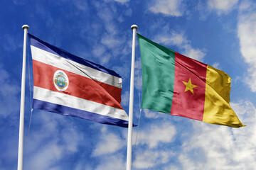 3D illustration. Costa Rica and Cameroon flags waving in the sky. High detailed waving flag. 3D render. Flags fluttered in the cloudy sky, symbolizing diplomatic relations.