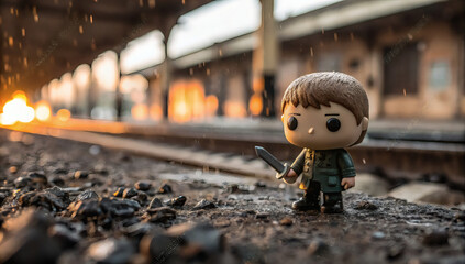 Cute warrior toy with sword standing on wet railway platform at sunset, cinematic atmosphere with glowing backlight