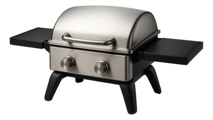 A portable gas grill for a terrace, compact in size with foldable side shelves for easy storage.