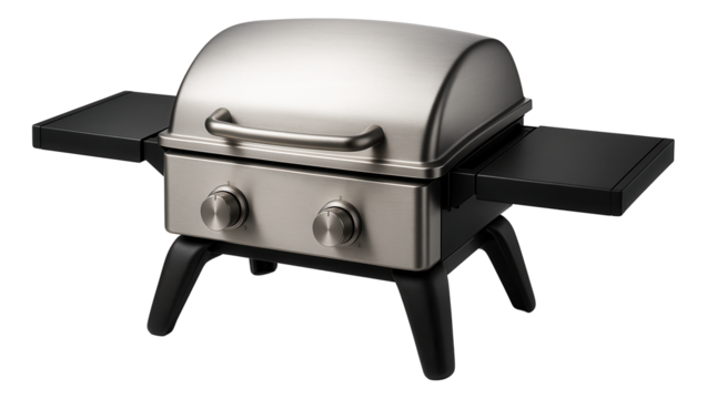 A portable gas grill for a terrace, compact in size with foldable side shelves for easy storage.