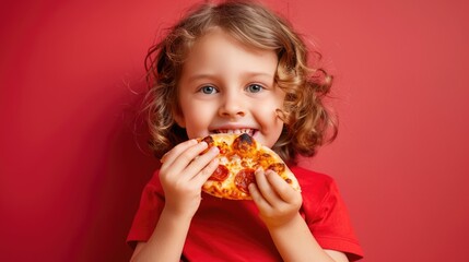 A little girl eats pizza on a red background.