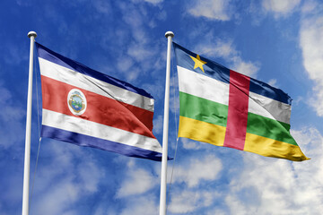 3D illustration. Costa Rica and  Central African Republic flags waving in the sky. High detailed waving flag. 3D render. Flags fluttered in the cloudy sky, symbolizing diplomatic relations.