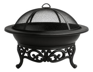 A cast aluminum fire pit for a terrace, complete with a protective screen and a decorative scrolling base.