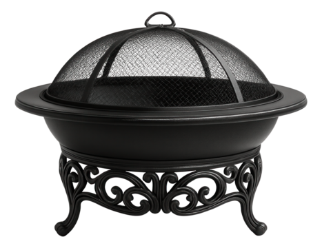 A cast aluminum fire pit for a terrace, complete with a protective screen and a decorative scrolling base.