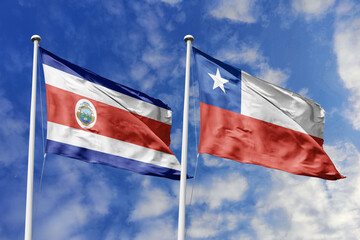 3D illustration. Costa Rica and Chile flags waving in the sky. High detailed waving flag. 3D render. Flags fluttered in the cloudy sky, symbolizing diplomatic relations.