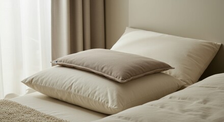 Obraz premium Soft pillows arranged on a bed with neutral toned bedding 