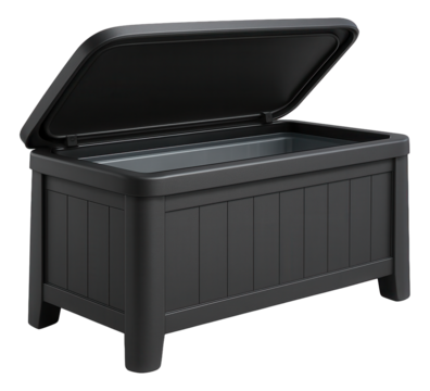 A durable plastic storage bench for a terrace, combining seating with hidden storage for garden tools.