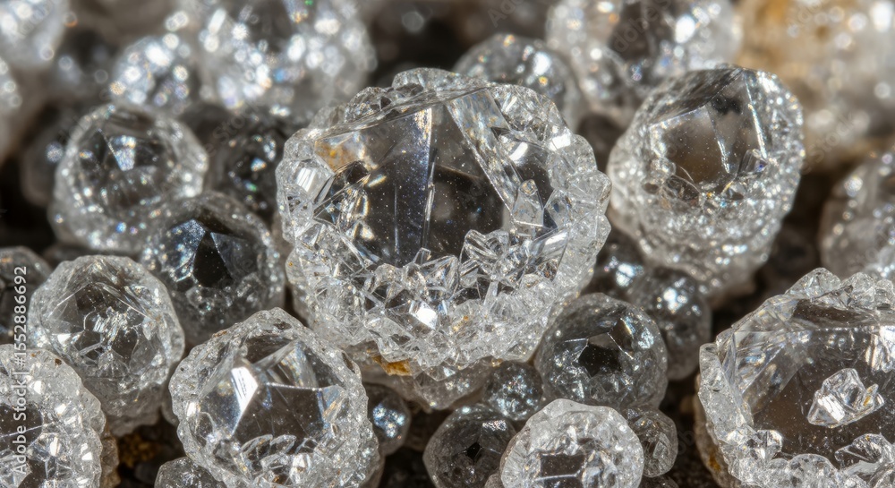 Poster close-up view of numerous small,faceted, crystalline diamonds, showcasing their intricate structures