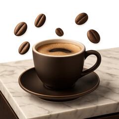 Aromatic Brew: A close-up of a warm cup of coffee, with floating coffee beans in an artistic, high-angle shot that is a perfect start to the day.