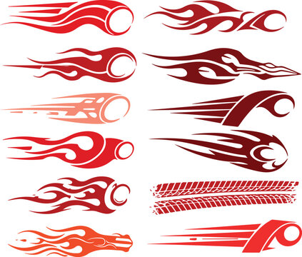 Collection of dynamic red tribal flame and speed racing stripe decals for vehicles and sports equipment