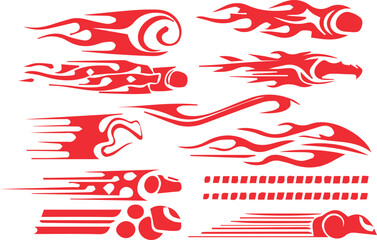 Collection of red tribal flame and speed line graphics for vehicle decals and sports themes
