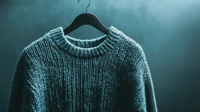 A single sweater hangs on a hanger in a dimly lit room, waiting to be worn