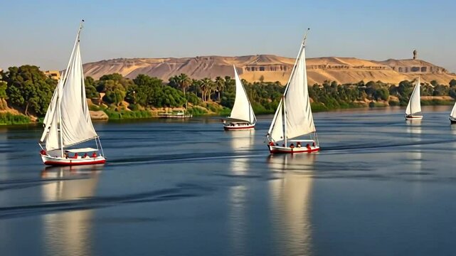 Sailboats glide on the serene Nile River under a clear blue sky.