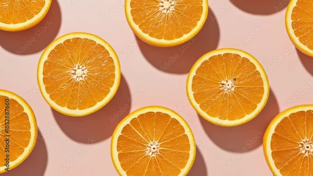 Poster several orange slices arranged on a pink background create a vibrant and colorful pattern
