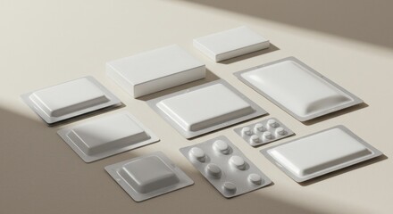 Fototapeta premium Assorted white medicine packaging arranged on a light surface 