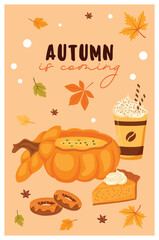 Vector autumn card, banner on orange background. Illustration concept of autumn mood, drinks and food.