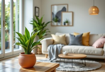 Naklejka premium a bright living room featuring a glowing snake plant in a ceramic pot, symbolizing natural air purification and low maintenance indoor greenery.