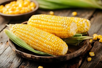 Boiled corn on the cob with melted butter and salt, freshly cooked and ready to serve, perfect for menu design or healthy food advertising. Juicy yellow corn. Summer, seasonal food. Vegetables. Diet. 