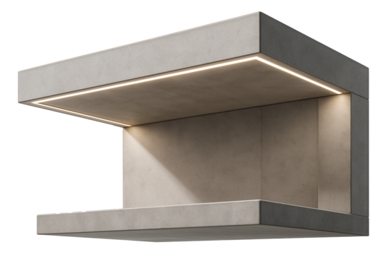A modern concrete porch with clean lines and integrated LED lighting, ideal for a contemporary apartment building.