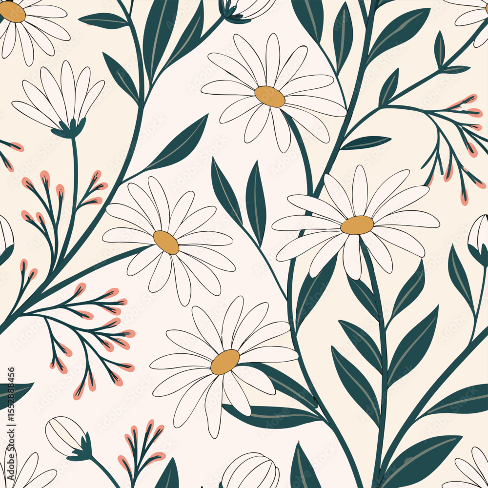 Aufkleber seamless repeating pattern of delicate white daisies with bright yellow centers creating a charming 