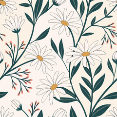 Seamless repeating pattern of delicate white daisies with bright yellow centers creating a charming floral texture perfect for decorative backgrounds and natural designs