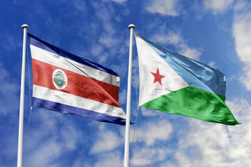 3D illustration. Costa Rica and Djibouti flags waving in the sky. High detailed waving flag. 3D render. Flags fluttered in the cloudy sky, symbolizing diplomatic relations.
