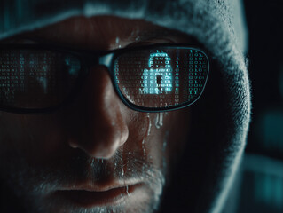 Close-up of a hacker in a dark room, hoodie and glasses reflecting binary code