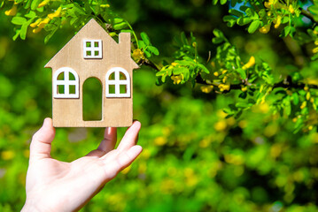 A girl holds the symbol of a house against a blooming acacia tree
