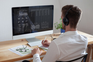 business man reading financial report on dashboard with charts, business intelligence, analytics and fintech concept
