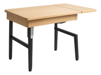 A sewing machine table designed for a craft room in a house, featuring adjustable height and a foldable extension for added workspace.