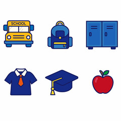 Flat style vector icon set showcasing school environment elements such as school bus, backpack, uniform, graduation cap, locker, and apple. Perfect for educational projects and print materials.