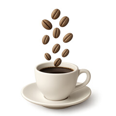 Aromatic Coffee Essence: Coffee beans cascade into a pristine white cup filled with rich, dark brew, capturing the essence of morning rituals and caffeinated delights.
