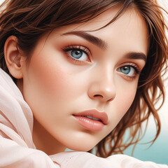 Fototapeta premium Fantasy woman portrait, digital art beauty, blue eyes girl illustration, elegant female artwork