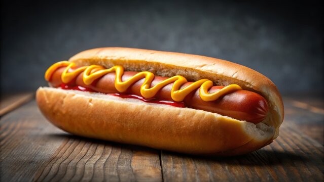 A juicy hot dog with a generous dollop of yellow mustard and a swipe of red ketchup on a toasted bun - Powered by Adobe