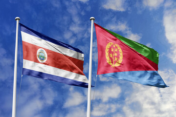 3D illustration. Costa Rica and Eritrea flags waving in the sky. High detailed waving flag. 3D render. Flags fluttered in the cloudy sky, symbolizing diplomatic relations.